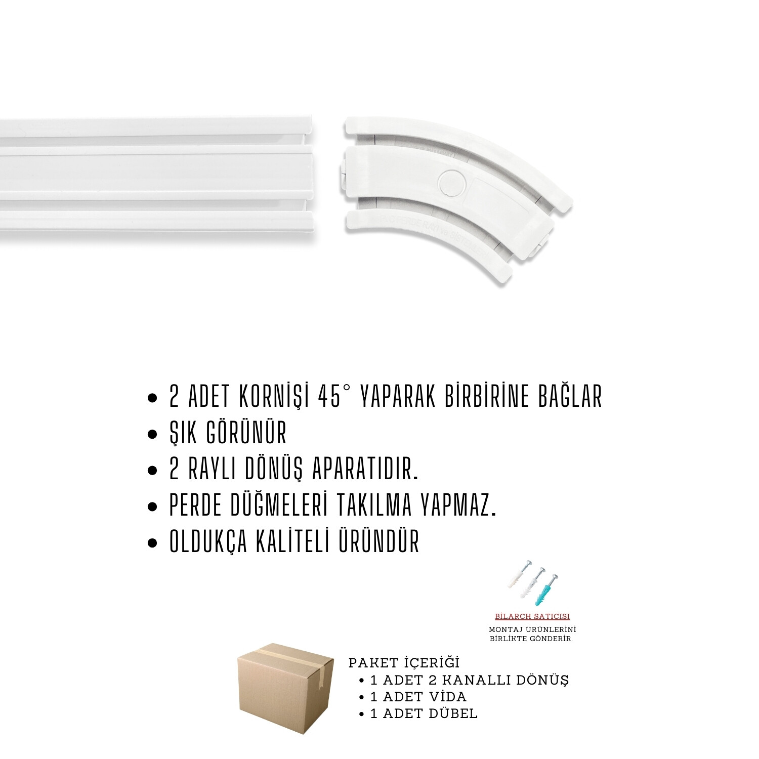 2 Raylı Perde Rayı Korniş 45° Dönüş Köşe Aparatı